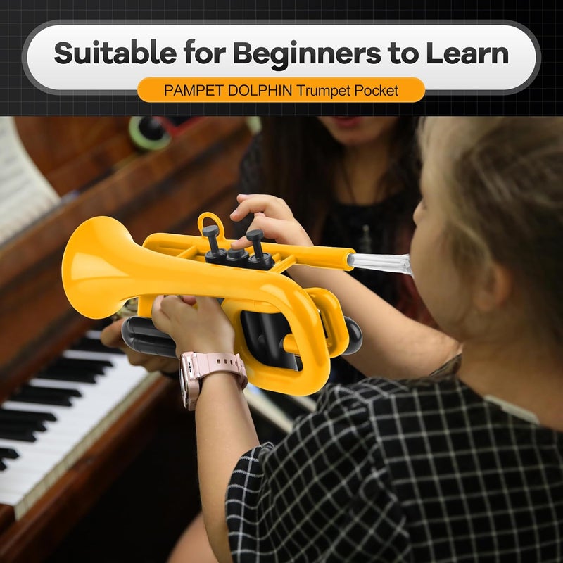 PAMPET DOLPHIN Pocket Trumpet Plastic Bb Trumpet Standard Trumpets for Student Beginner Bb Trumpets Instrument (Yellow) - Image 2